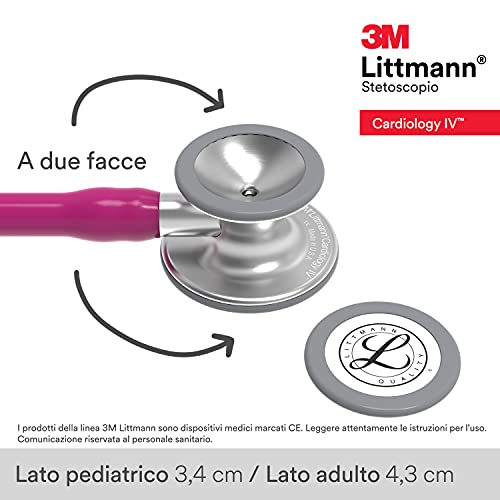 3M Littmann Cardiology IV Fonendoscopio diagnóstico, campana de acabado estándar, tubo color Frambuesa y vástago y auricular de Acero Inoxidable, 69 cm, 6158