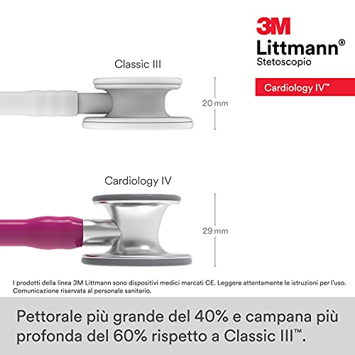 3M Littmann Cardiology IV Fonendoscopio diagnóstico, campana de acabado estándar, tubo color Frambuesa y vástago y auricular de Acero Inoxidable, 69 cm, 6158