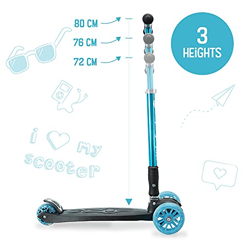 3StyleScooters® RGS-3 Patinete Scooter Tres Ruedas para Niños Mayores Niños de 7 Años o Más con Luces LED en Ruedas de 5cm, Diseño Plegable, Manillar Ajustable (Azul, 7 Años y Más)