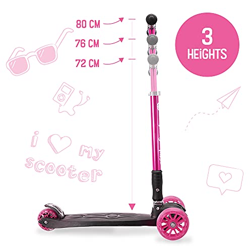 3StyleScooters® RGS-3 Patinete Scooter Tres Ruedas para Niños Mayores Niños de 7 Años o Más con Luces LED en Ruedas de 5cm, Diseño Plegable, Manillar Ajustable (Rosa, 7 Años y Más)