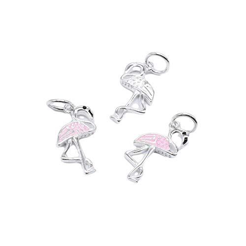4 encantos de grúa rosa de plata de ley con esmalte, pequeña grúa, encanto de animales, encanto de grúa de plata 925, encanto de pulsera, encanto de collar