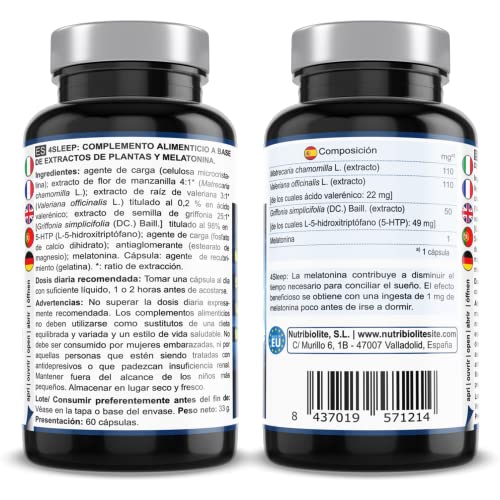 4Sleep – Complejo de 5-HTP con Melatonina, Valeriana y Manzanilla. Mejora el sueño y el descanso, y reduce el estrés