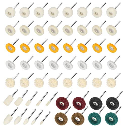 58 Piezas Rueda Abrasiva Pulidora Discos, mini cepillo de lana montado en el mandril para pulir, disco de pulir abrasivo para herramientas rotativas Dremel, taladro de 3 mm y mango de 1/8 pulgada