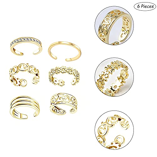 6 Piezas Anillo de Nudillos, Ajustable Anillo de Dedo, Anillos Abiertos del Pie, Anillos Abiertos del Dedo, Anillo de Cola, Meñique Anillo, Apilable, para Mujeres Niñas (Dorado)
