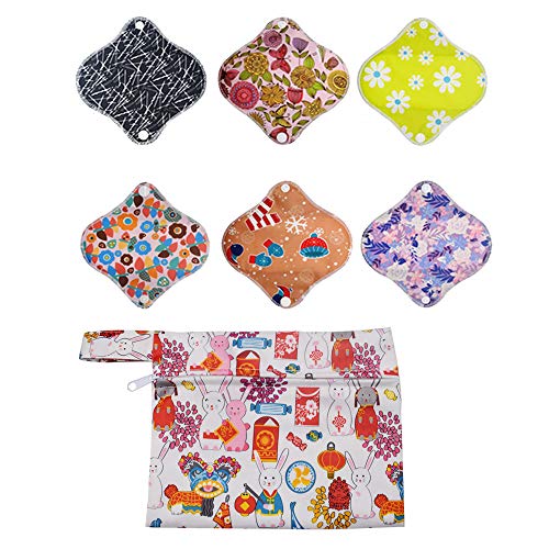 6 Piezas Reutilizables de Carbón de Bambú,Almohadilla Menstrual Reutilizable Compresa,1 Bolsa de Transporte Mini,Suaves y Cómodas (16,5 * 16,5 cm) (A)