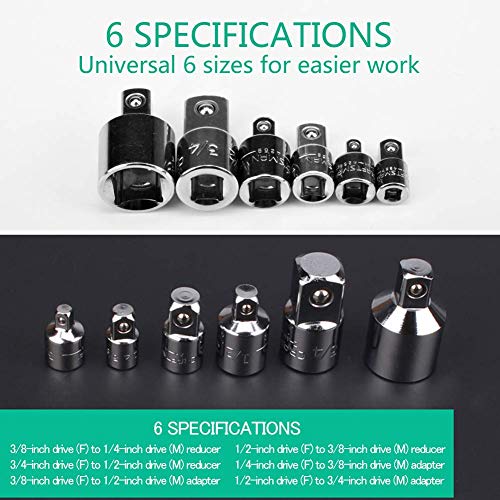 6pzs Adaptador para Llave de Carraca Juego de Adaptadores de 1/4", 3/8", 1/2" Juego de Vasos Adaptadores Impacto Adaptador de Enchufe acero al cromo vanadio premium con acabado espejo
