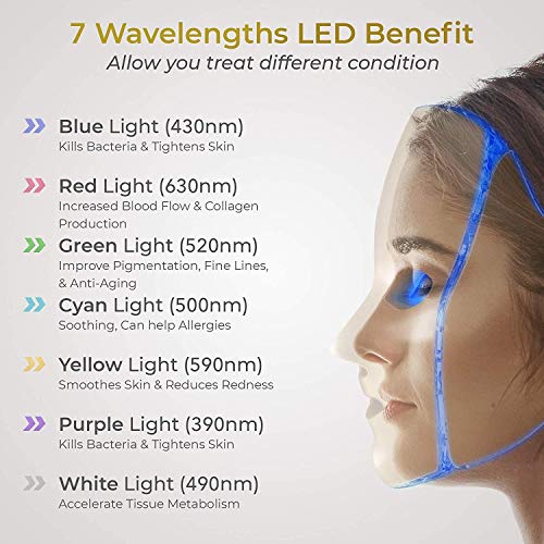 7 Color LED máscara Light Therapypara Cara y Cuello, LED Máscara Facial Rejuvenecimiento de la Piel Saludable