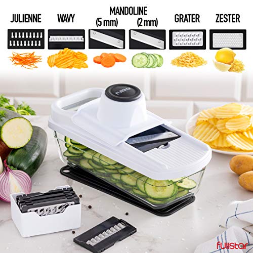 7 en 1 Mandolina de Cocina Profesional con Recipiente de Cristal - Cortador de Verdura Multifuncional Ralladores de Cocina con Cuchillas Acero Inoxidable - Cortador de Patatas Tomates Frutas