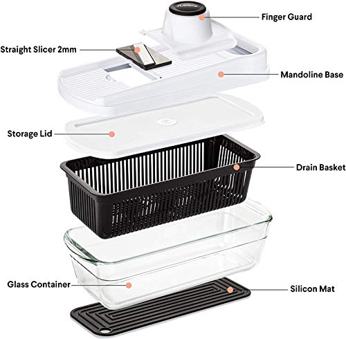 7 en 1 Mandolina de Cocina Profesional con Recipiente de Cristal - Cortador de Verdura Multifuncional Ralladores de Cocina con Cuchillas Acero Inoxidable - Cortador de Patatas Tomates Frutas