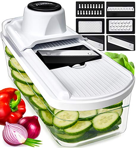 7 en 1 Mandolina de Cocina Profesional con Recipiente de Cristal - Cortador de Verdura Multifuncional Ralladores de Cocina con Cuchillas Acero Inoxidable - Cortador de Patatas Tomates Frutas