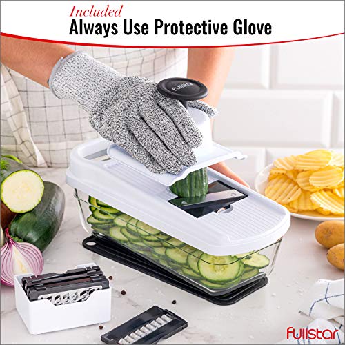 7 en 1 Mandolina de Cocina Profesional con Recipiente de Cristal - Cortador de Verdura Multifuncional Ralladores de Cocina con Cuchillas Acero Inoxidable - Cortador de Patatas Tomates Frutas