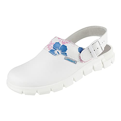 Abeba Clog 7320 Dynamic - Zuecos de Piel Lisa, Color Blanco con Estampado Floral, Certificado 37