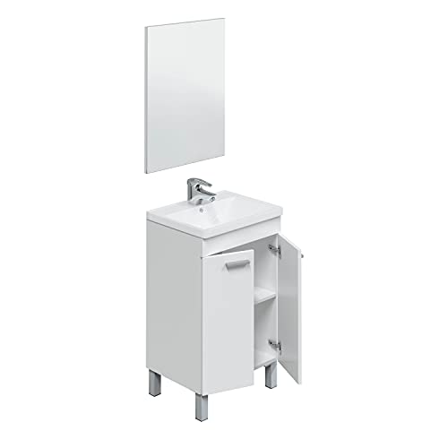 Abitti Mueble Lavabo de baño-Aseo pequeño con Espejo Incluido y lavamanos cerámico, 2 Puertas Color Blanco Brillo 50 Ancho x 80 Alto x 40 Profundidad