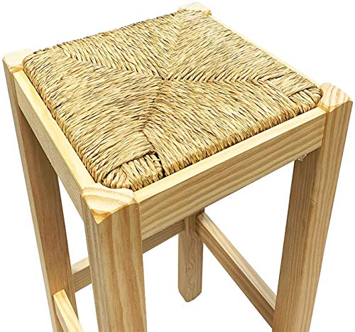 Acan Taburete Bajo de Barra Bar y Cocina Baño de Madera Cuadrada con Paja Asiento 48 x 32 cm