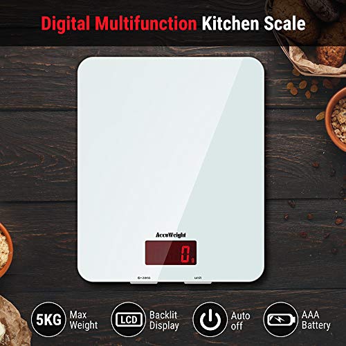 ACCUWEIGHT Báscula Digital de Cocina con Superficie de Vidrio Templado 5kg/11 lbs Balanza Alimentos Multifuncional con Pantalla LCD para Peso de Comida, Alta Precisión hasta 1g, Blanco
