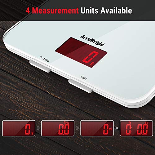 ACCUWEIGHT Báscula Digital de Cocina con Superficie de Vidrio Templado 5kg/11 lbs Balanza Alimentos Multifuncional con Pantalla LCD para Peso de Comida, Alta Precisión hasta 1g, Blanco