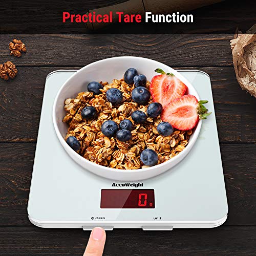 ACCUWEIGHT Báscula Digital de Cocina con Superficie de Vidrio Templado 5kg/11 lbs Balanza Alimentos Multifuncional con Pantalla LCD para Peso de Comida, Alta Precisión hasta 1g, Blanco