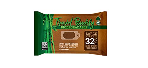 Ace Wipes Travel Buddy - Toallitas húmedas de bambú, Grandes y biodegradables, Acampar, Viajar, IR de Vacaciones, Llevar a Festivales 32 toallitas en un Paquete