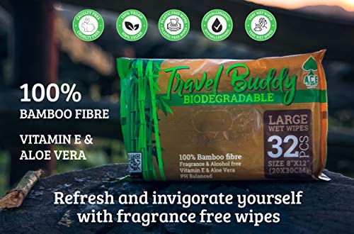 Ace Wipes Travel Buddy - Toallitas húmedas de bambú, Grandes y biodegradables, Acampar, Viajar, IR de Vacaciones, Llevar a Festivales 32 toallitas en un Paquete