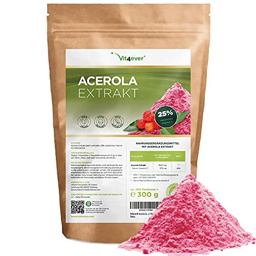Acerola en polvo - 300 g (suministro para 6,6 meses) - Vitamina C natural - 200 raciones diarias con 1500 mg de extracto puro de cereza acerola - Vegano