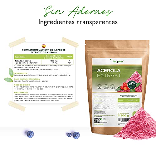 Acerola en polvo - 300 g (suministro para 6,6 meses) - Vitamina C natural - 200 raciones diarias con 1500 mg de extracto puro de cereza acerola - Vegano
