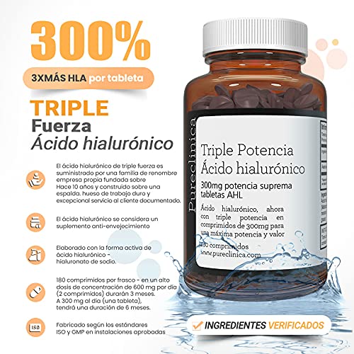 Ácido Hialurónico 300mg x 180 comprimidos (suministro de 3-6 meses). Ácido Hialurónico Triple Potencia. 300% más potente que cualquier otro comprimido de AHL