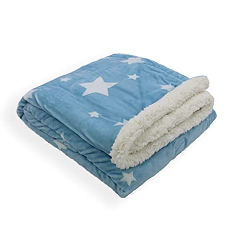 Acomoda Textil - Manta para Bebé, Manta Cuna 100x140 cm. Manta Bebé Estrellas con Borreguito, Suave, Cálida y Ligera. (Azul)