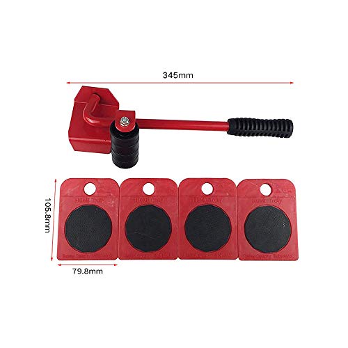 ADGO Set para Elevación, Transporte de Muebles, Electrodomésticos, Juego de 5 Piezas, Rodillos de Transporte y Elevador, Carga Máxima Hasta 150 kg, Rojo, 1 pieza