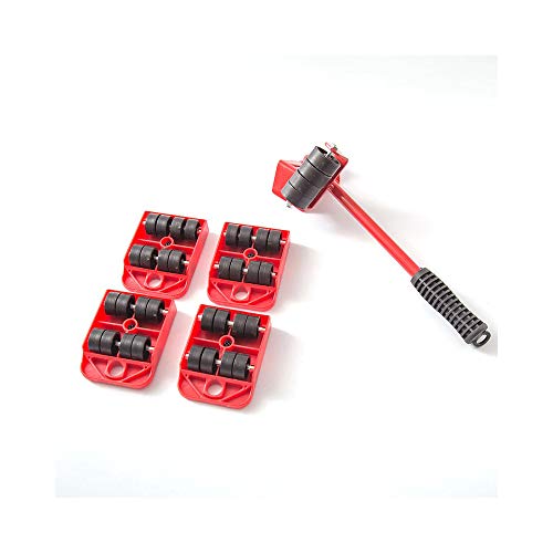 ADGO Set para Elevación, Transporte de Muebles, Electrodomésticos, Juego de 5 Piezas, Rodillos de Transporte y Elevador, Carga Máxima Hasta 150 kg, Rojo, 1 pieza