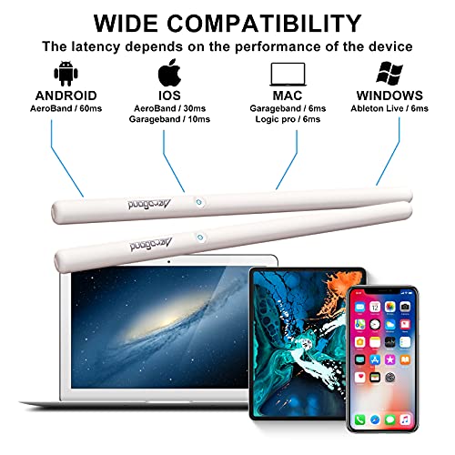 AeroBand Aire Batería Electrónica, Tambor de Realidad Virtual, Kit de Batería Portátil de 8 Almohadillas con Sensor de 2 Pies/Guitarra de Bolsillo, Compatible con Bluetooth MIDI (Blanco)