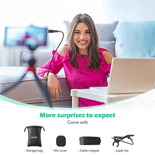 AGPTEK Micrófono de Solapa con Parabrisas, Z02C Lavalier Micrófono Omnidireccional con 3 Adaptadores, 2M Cable para Smartphones, PC, Videocámaras, Negro