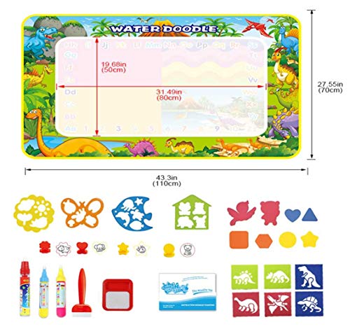Agua Dibujo Pintura,120x70 cm Alfombra de Agua Doodle, Pizarra Mágica, Esteras de Agua Doodle. 3 Bolígrafos, 12 Plantillas, 4 Sellos, Juegos Juguetes Educativo