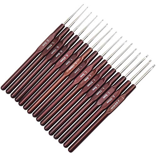 Agujas de Ganchillo16 Tamaños Agujas de Ganchillo de Aluminio Metal Ligero Suave Agujas de Punto con Mango de ABS Tejer Accesorios para Hacer Ganchillo Coser a Mano （0,5-2,5 mm）