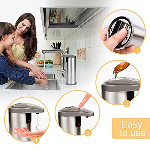 AHUIFT Dispensador Automático de Jabón IPX6 Base Impermeable Dispensador de Jabón Líquido por Infrarrojos Baño Cocinas Hotel Restaurante (Gris, Acero Inoxidable)