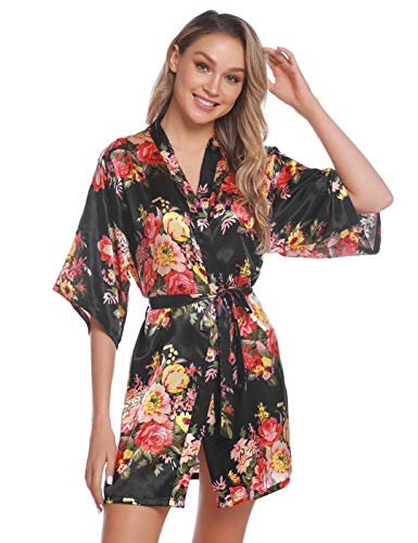 Aiboria Kimono Mujer Satén Albornoz Pajames Corta Bata Albornoz Floral para Novia Damas de Honor Ropa de Noche