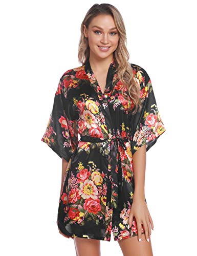 Aiboria Kimono Mujer Satén Albornoz Pajames Corta Bata Albornoz Floral para Novia Damas de Honor Ropa de Noche