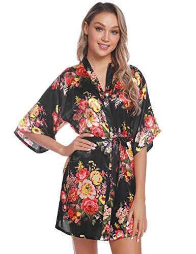 Aiboria Kimono Mujer Satén Albornoz Pajames Corta Bata Albornoz Floral para Novia Damas de Honor Ropa de Noche