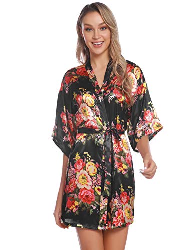 Aiboria Kimono Mujer Satén Albornoz Pajames Corta Bata Albornoz Floral para Novia Damas de Honor Ropa de Noche