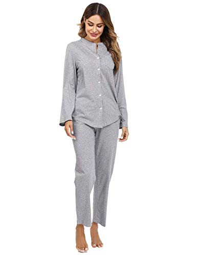 Aiboria Pijamas para Mujer Algodón, 2 Piezas Conjunto de Pijamas de Manga Larga con Botones V-Cuello Ropa de Dormir para Mujer