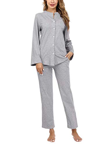 Aiboria Pijamas para Mujer Algodón, 2 Piezas Conjunto de Pijamas de Manga Larga con Botones V-Cuello Ropa de Dormir para Mujer