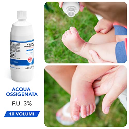AIESI® Agua Oxigenada desinfectante Ph. Eur. 3% 10 volúmenes con tapa de seguridad para niños botella de 1 litro # Made in Italy