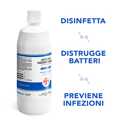 AIESI® Agua Oxigenada desinfectante Ph. Eur. 3% 10 volúmenes con tapa de seguridad para niños botella de 1 litro # Made in Italy