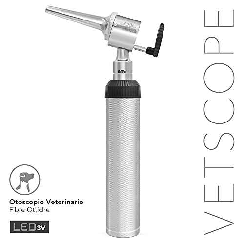 AIESI® Otoscopio Veterinario Profesional de cabeza abierta iluminación LED 3V blanca con 3 conos de acero inoxidable VETSCOPE # Garantía de 24 meses