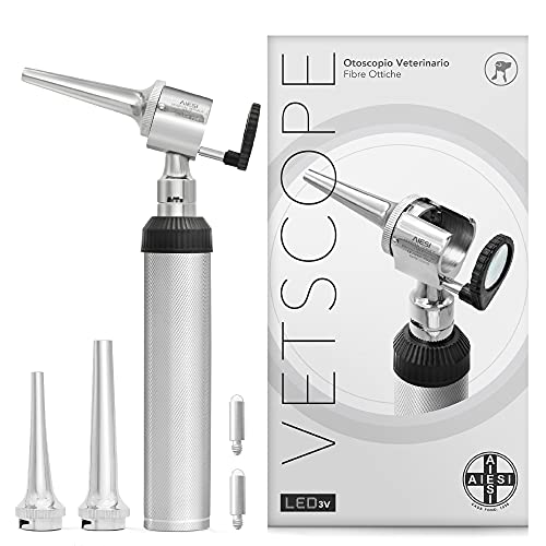 AIESI® Otoscopio Veterinario Profesional de cabeza abierta iluminación LED 3V blanca con 3 conos de acero inoxidable VETSCOPE # Garantía de 24 meses