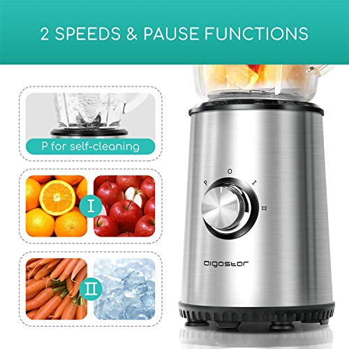 Aigostar Baron - Batidora de vaso individual para frutas, verduras y smoothies, batidora portatil 350W. Jarra 1 litro, botella 600ml, 2 controles de velocidad. Libre de BPA.
