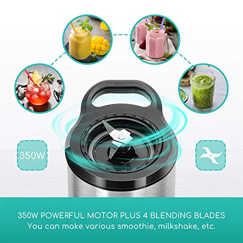 Aigostar Baron - Batidora de vaso individual para frutas, verduras y smoothies, batidora portatil 350W. Jarra 1 litro, botella 600ml, 2 controles de velocidad. Libre de BPA.