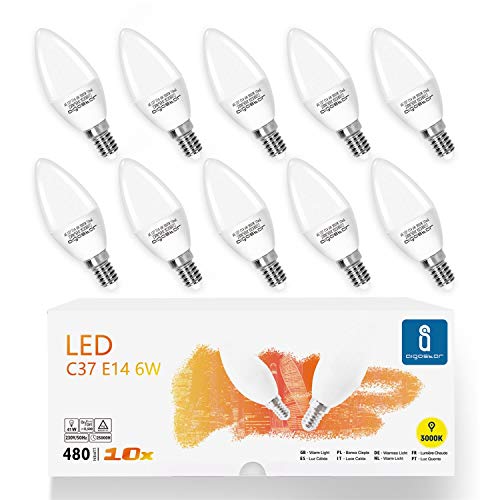 Aigostar - Bombilla LED C37, forma de vela, E14 casquillo fino, 6W equivalente a 40W, 480 lúmenes, CRI> 80. No regulable. Pack 10 uds.