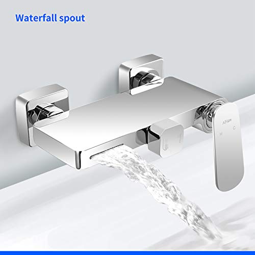 AiHom Grifo de Bañera en Cascada, Grifo Monomando de Pared para Baño con Almacenaje, Grifería de Ducha Cromado de Latón, Plata