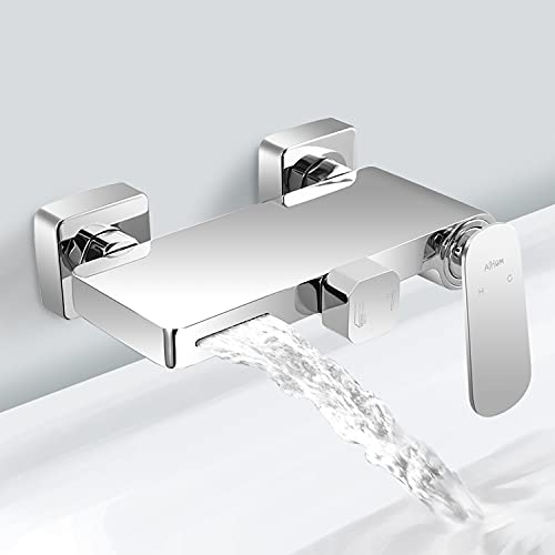 AiHom Grifo de Bañera en Cascada, Grifo Monomando de Pared para Baño con Almacenaje, Grifería de Ducha Cromado de Latón, Plata