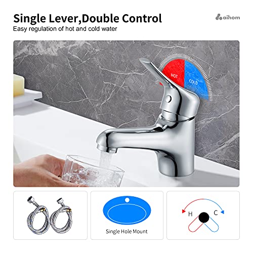 AiHom Grifo de Lavabo con Desagüe Universal,Grifo Baño Mezclador Monomando Lavabo Clásico,Grifo Monomando Lavabo con Válvula para Lavabo,Válvula De Cerámica,Agua Caliente y Fría Ajustable